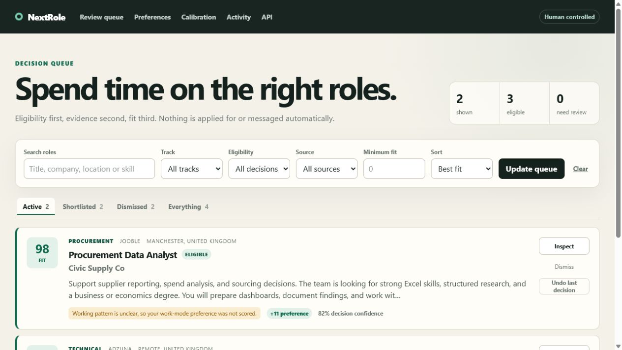 NextRole review queue showing explainable job fit, eligibility and confidence